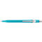 Stylo à bille turquoise avec un clip argenté.