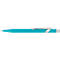 Gros plan d'un stylo à bille bleu turquoise avec clip et pointe argentés.