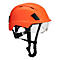 Orangener Schutzhelm mit Visier und Kinnriemen. Er ist vor weissem Hintergrund abgebildet.