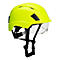 Casque de sécurité jaune avec visière et jugulaire, sur fond blanc.