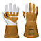 Deux gants de protection en cuir avec paume blanche et dos marron, manchette avec étiquette.