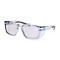 Hellblaue Schutzbrille mit braunen Bügelenden. Die Gläser und Fassung sind transparent.