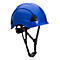 Blauer Schutzhelm mit schwarzem Innenband und Kinnriemen. Vor weissem Hintergrund. Der Helm hat Belüftungsschlitze.
