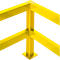 Yellow railing, detail view. Square posts with horizontal struts and a corner connection. The screws are visible.