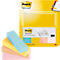 Post-it sticky notes in various colors, packaged in a yellow plastic case. Next to it are individual notes.