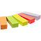 Five colorful erasers in orange, green, yellow, red, and purple, lined up.