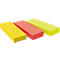 Three rectangular sticky notes in yellow, red, and green, slightly overlapping.