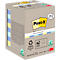 Ein quadratischer Karton mit Post-it Zetteln in Pastellfarben. Auf der Verpackung stehen Informationen über Recyclingpapier und die Marke Post-it.