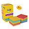 Gelbe Post-it-Notizblock-Verpackung, daneben bunte, quadratische Haftnotizen und ein Aufkleber mit "8+4 gratis".