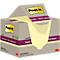 Post-it Haftnotizen-Box, geöffnet. Beige Box mit gelben Notizzetteln. Aufschrift: Super Sticky - 100% recycled paper.