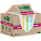 Post-it Haftnotizen in Kartonverpackung. Bunte, vertikal gestreifte Blöcke sind teilweise sichtbar. Aufdrucke: '100% recycelt' und 'Super Sticky'.