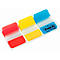 Post-it sticky notes, red, yellow, blue, in holder.