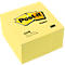 Bloc de notas Post-it amarillo, logotipo y texto en el bloque de papel.