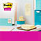 Bureau avec des Post-it, des mémos et des stylos. Logo de la marque Post-it en haut à gauche.