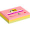 Un empilement de blocs-notes Post-it en rose, jaune et vert. Sur le dessus est écrit 'Post-it' et 'Meeting Notes super sticky'.