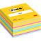 Gele Post-it notes blok met kleurrijke notitieblaadjes. Bevat tekst "Post-it", "notes", "3M" en andere informatie.