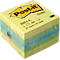 Square Post-it note block, wrapped in clear plastic. Yellow sticky notes with blue-green accents.