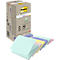 Post-it notitieblok met diverse gekleurde blaadjes en een kartonnen verpakking, die de claim van 100% gerecycled papier benadrukt.