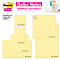 Reclamebeeld voor gele Post-it-notities in verschillende maten. Tekst: Gele Notes, dubbele hechting. Maatspecificaties zijn zichtbaar.