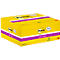 Gele Post-it notitieblokdoos met paarse accenten. Beschreven met "Post-it", "Super Sticky" en "14+2 gratis".