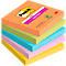 A stack of Post-it notes in various colors, orange, green, blue, pink, and yellow, with print.