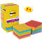 Gele doos met Post-it Super Sticky Notes, inhoud 12 blokjes in diverse kleuren op een witte achtergrond.