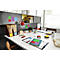 A desk with colorful sticky notes, folders, a lamp, and other office supplies. Focus on the sticky notes.
