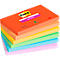 A stack of colorful Post-it notes, orange on top, with "Post-it" and "super sticky" printed on them. Seven different colors are visible.