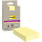 Een gele Post-it notitieset en een pak tegen een grijze achtergrond. Bedrukking: 'Super Sticky - 100% gerecycled papier'.