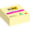 Bloc-notes Post-it jaune clair avec marquage rose, logo Post-it, texte "super collant" et logo 3M.