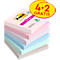 Ein Stapel Post-it Haftnotizen in verschiedenen Pastellfarben. Oben: Angebot "4+2 gratis".