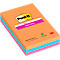 Ein Block Post-it Haftnotizen in Orange, Pink und Blau. Aufschrift: super sticky.
