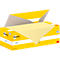 Gele Post-it notes in een doos met het "Post-it" logo. Het papier is gedeeltelijk uitgetrokken.