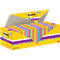 Gele dispenser met kleurrijke, gestreepte Post-it Super Sticky notes in een verpakking van 24.