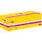 Boîte de notes autocollantes Post-it jaune avec un accent violet. Inscription : Post-it, super collant.