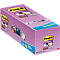 Een paarse doos met Post-it plaknotities. Op de doos staat "Post-it", "Super Adhesive" en "Super Sticky". Eén hoek zegt "2x gratis gratis".