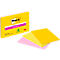 Post-it memoblaadjes: geel notitieboekje, 3 losse blaadjes in geel, roze en geel, verpakking met logo.