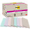 Post-it briefjes in pastelkleuren, naast een doos, opschrift: Super Sticky, 100% gerecycled papier.