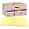 Geelgele Post-it notes en een doos. Gedrukte logo's en tekst zoals 'Post-it' en 'Super Sticky'.