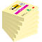 Een stapel gele Post-it briefjes. Op het bovenste briefje staat 'Post-it' en 'super sticky'.