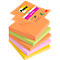 Une pile de Post-it de différentes couleurs. En haut, une note avec 'Post-it' et 'super sticky'.
