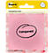Hellrosa Post-it Haftnotizen in Verpackung. Aufgedruckter Schriftzug 'transparent'. Gelber Karton mit Produktlogo und Infos.