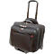 Black rolling suitcase with retractable handle and wheels. Red zipper and logo.