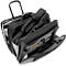Opened black rolling suitcase. Multiple compartments, handle and extendable telescopic handle.
