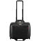 Black rolling suitcase with retractable handle and red zipper details.