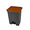 Poubelle grise avec couvercle orange, forme rectangulaire avec pédale.