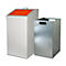Deux poubelles, une blanche avec un couvercle orange, l'autre en métal.