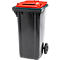 Poubelle mobile SSI Schaefer GMT eXtra, 120 l, EN 840, préparée pour recevoir une puce, poignée de traction, plastique recyclé à 90 %, noir-rouge