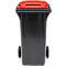 Poubelle mobile SSI Schaefer GMT eXtra, 120 l, EN 840, préparée pour recevoir une puce, poignée de traction, plastique recyclé à 90 %, noir-rouge