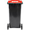 Poubelle mobile SSI Schaefer GMT eXtra, 120 l, EN 840, préparée pour recevoir une puce, poignée de traction, plastique recyclé à 90 %, noir-rouge